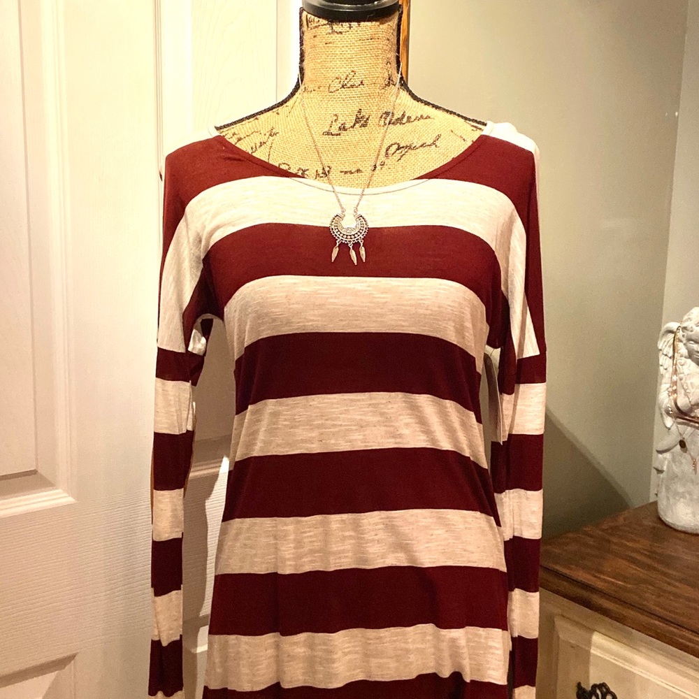 NWT burgundy and beige striped long-sleeve tee
